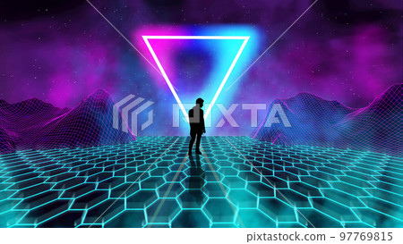 Retro futuristic background for game with man silhouette. Neon triangle synthwave digital wireframe landscape Retro futuristic background for game with man silhouette. Neon triangle synthwave digital wireframe landscape 97769815