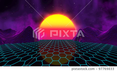Retro futuristic sunset. Waporwave 80s background disco. Space Neon triangle synthwave digital wireframe landscape. 97769833