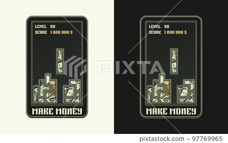 Money label like computer game in retro style. Text Make Money. Smartphone entertainment. Creative illustration in vintage style for prints, clothing, surface design. 97769965