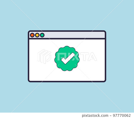 Web browser with green checkmark on screen, validated, confirmed, completed, approved logo design. Browser window. Web browser in flat style. Window verification concept internet browser vector design 97770062