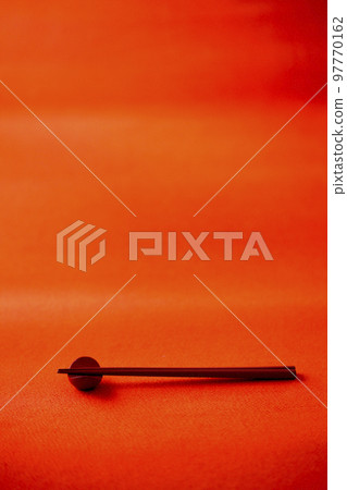 Red chirimen Japanese cloth with red chopsticks and chopstick rest Japanese image Red chirimen Japanese cloth with red chopsticks and chopstick rest Japanese image 97770162