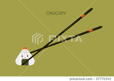 Vector illustration of Onigiri in the style of kawaii. Japanese fast food made of rice with a filling formed in the form of a triangle of nori seaweed Vector illustration of Onigiri in the style of kawaii. Japanese fast food made of rice with a filling formed in the form of a triangle of nori seaweed 97770342