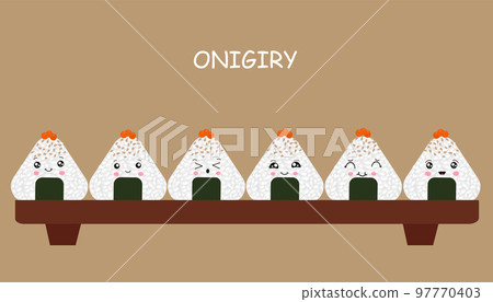 Vector illustration of Onigiri in the style of kawaii. Japanese fast food made of rice with a filling formed in the form of a triangle of nori seaweed Vector illustration of Onigiri in the style of kawaii. Japanese fast food made of rice with a filling formed in the form of a triangle of nori seaweed 97770403