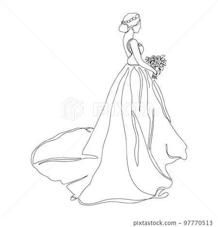 The bride holding the bouquet draws a continuous line.The silhouette of the bride in one line, side view, dressed in a wedding dress. The bride holding the bouquet draws a continuous line.The silhouette of the bride in one line, side view, dressed in a wedding dress. 97770513