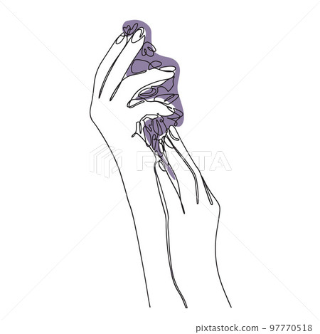 Continuous linear drawing of hands holding a flower. Minimalist style. Vector illustration of minimalism of romantic design, isolated on a white background. Continuous linear drawing of hands holding a flower. Minimalist style. Vector illustration of minimalism of romantic design, isolated on a white background. 97770518
