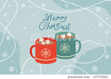 Hot chocolate with marshmallows. A cup with an ornament in the form of snowflakes and the inscription Merry Christmas. Vector illustration. 97770901