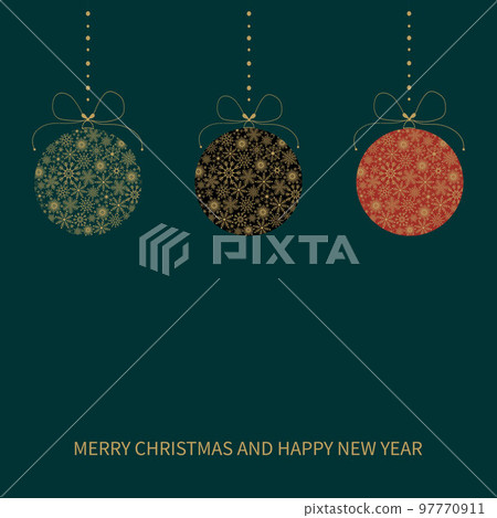 Festive Christmas card with Christmas balls made of snowflakes. Merry Christmas and Happy New Year greeting card. Festive Christmas card with Christmas balls made of snowflakes. Merry Christmas and Happy New Year greeting card. 97770911