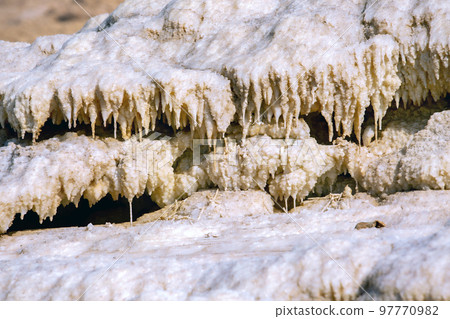 Natural salt stalactites crystals at the Dead Sea Natural salt stalactites crystals at the Dead Sea 97770982