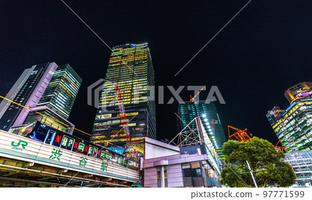 Tokyo cityscape in Japan You can see Shibuya Station, the black Yamanote Line, and four Shibuya buildings lined up in a row Tokyo cityscape in Japan You can see Shibuya Station, the black Yamanote Line, and four Shibuya buildings lined up in a row 97771599