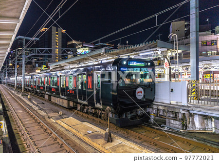 Tokyo cityscape in Japan Black Yamanote line arriving at Kanda station Tokyo cityscape in Japan Black Yamanote line arriving at Kanda station 97772021