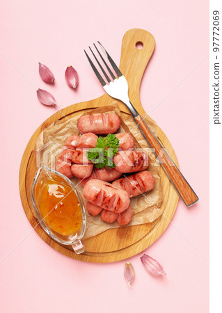 Concept of tasty food, grilled mini sausage, top view Concept of tasty food, grilled mini sausage, top view 97772069