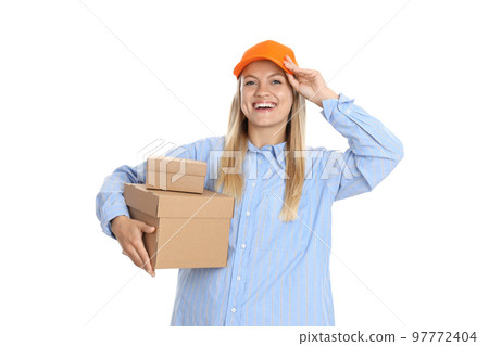 Concept of delivery, young woman with boxes, isolated on white background 97772404