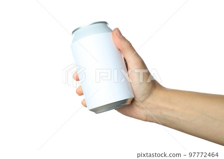 Female hand holds blank can, isolated on white background 97772464