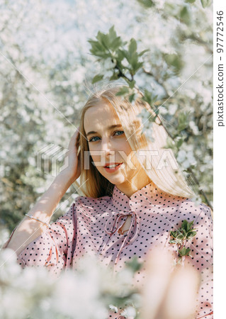 Blonde girl on a spring walk in the garden with cherry blossoms. Female portrait, close-up. A girl in a pink polka dot dress. 97772546