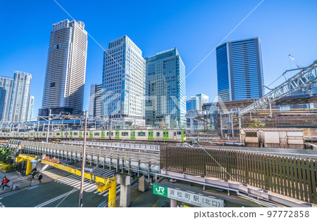 Tokyo cityscape in Japan View of Yamanote Line and skyscrapers from in front of Hamamatsucho Station (North Exit) 97772858