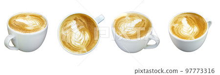 Cup of coffee isolate. White ceramic cup with cappuccino coffee drink and foam on empty white background Cup of coffee isolate. White ceramic cup with cappuccino coffee drink and foam on empty white background 97773316