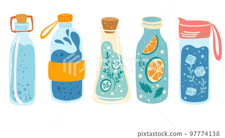 Water Bottles set. Concept detox drink, drinking water in a thermos, glass bottle. Ice water. Refreshing summer drink. Healthy lifestyle daily habits, wellness, morning rituals. Vector illustration Water Bottles set. Concept detox drink, drinking water in a thermos, glass bottle. Ice water. Refreshing summer drink. Healthy lifestyle daily habits, wellness, morning rituals. Vector illustration 97774138