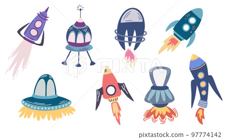 Space rockets set. Rocket, Satellite, UFO. Cartoon Rocket for fashionable children's clothing or textiles. Vector Hand draw illustration isolated on the white background. Space rockets set. Rocket, Satellite, UFO. Cartoon Rocket for fashionable children's clothing or textiles. Vector Hand draw illustration isolated on the white background. 97774142