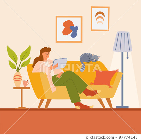 Woman sitting with laptop on the couch. Cozy scandinavian home interior. Girl spending time online. Daily life of social media networks user. Rest at home. Living room interior. Vector illustration. 97774143