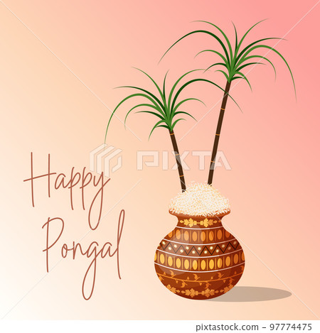 Happy Pongal, a clay pot filled with rice and bamboo stalks. Hindu holiday card, vector 97774475