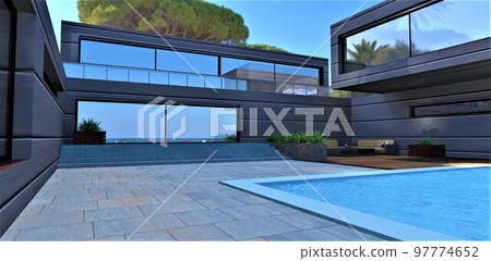 Heavy stone paving of square slabs as a floor finish in recreation areas near the pool in the yard of an advanced country house with a metal exterior. 3d rendering. 97774652