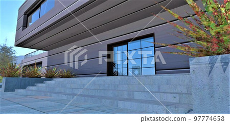 Reliable durable reinforced concrete staircase with comfortable wide steps on the porch of an advanced private house with a facade made of composite insulated metal panels. 3d rendering. Reliable durable reinforced concrete staircase with comfortable wide steps on the porch of an advanced private house with a facade made of composite insulated metal panels. 3d rendering. 97774658