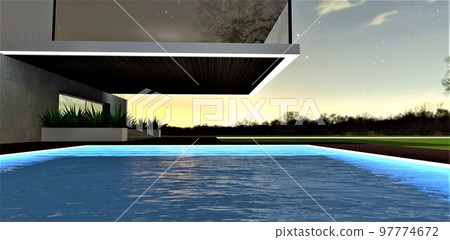 Evening illumination of a stylish pool with steps under water near the entrance to a wonderful new house, finished with natural eco-friendly materials. 3d rendering. 97774672