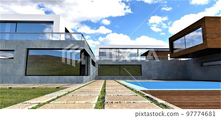 Newly built country house. The combination of concrete and wood finishes. Swimming pool in the yard. Paving stone from massive slabs. 3d rendering. 97774681