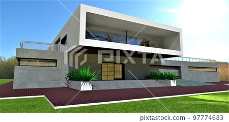 Stylish modern porch with wide concrete steps. Green plants on the sides. Red brick pavement. Garage with aluminum sliding gates. Above is a spacious balcony. 3d rendering. 97774683