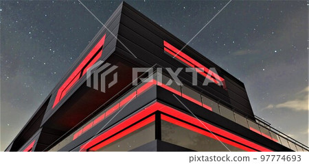 Bottom view of a corner of a futuristic house illuminated in scarlet against a starry sky. A good illustration for advertising banners about real estate. 3d rendering. 97774693