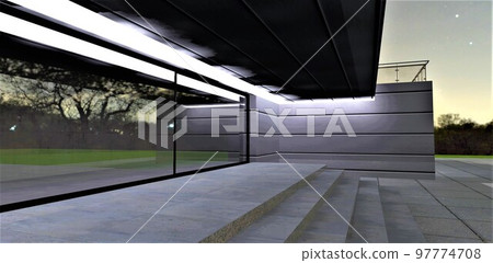 The bright white porch lighting is reflected in the glass sliding doors. An excellent picture for luxury real estate design magazines. 3d rendering. The bright white porch lighting is reflected in the glass sliding doors. An excellent picture for luxury real estate design magazines. 3d rendering. 97774708