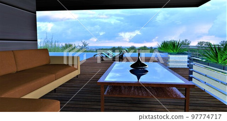 A chrome-plated vessel on a glass table next to a sofa on a wooden terrace in a rooftop relaxation area with a pool in an advanced hotel in an environmentally friendly area. 3d rendering. 97774717