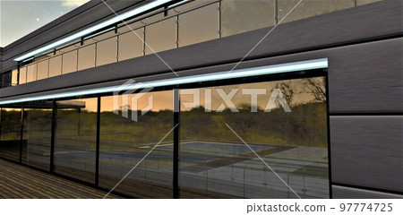 Evening lighting of the facade of a private stylish estate using LED strip. The exterior of the building looks rich and aesthetically pleasing at night. 3d rendering. 97774725