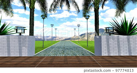 A cobbled road to nowhere with a white curb and street lamps on the sides on a green lawn. Gorgeous mountain scenery ahead. 3d rendering. A cobbled road to nowhere with a white curb and street lamps on the sides on a green lawn. Gorgeous mountain scenery ahead. 3d rendering. 97774813
