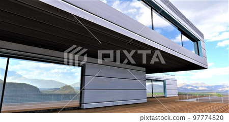 A spacious wooden terrace under a canopy from the cantilever floor of a futuristic country house, finished with an aluminum composite with a heat-saving filling. 3d rendering. A spacious wooden terrace under a canopy from the cantilever floor of a futuristic country house, finished with an aluminum composite with a heat-saving filling. 3d rendering. 97774820