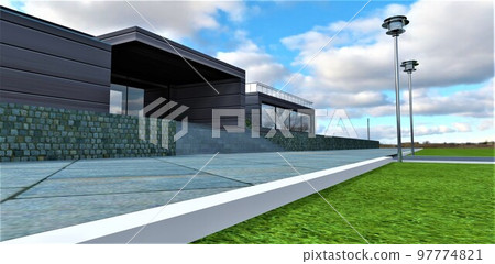 A white border separates the pavement in the form of stone slabs from the green lawn. Two metal street lamps. Concrete staircase up to the porch of a futuristic country house. 3d rendering. A white border separates the pavement in the form of stone slabs from the green lawn. Two metal street lamps. Concrete staircase up to the porch of a futuristic country house. 3d rendering. 97774821