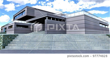 Fantastic building. Metal alloy walls for strength and durability. Stylish designer porch. A wide stone staircase to a high blind area. 3d rendering. 97774828