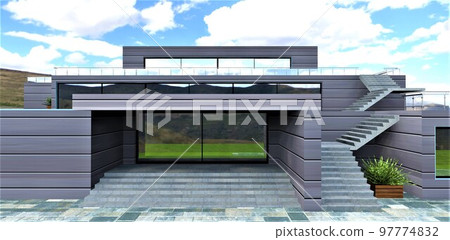Porch of a country house. Automatic doors with multi-chamber double-glazed windows. The facade is made of an innovative material based on a heat-efficient composite coated with a layer of zinc. 3d 97774832
