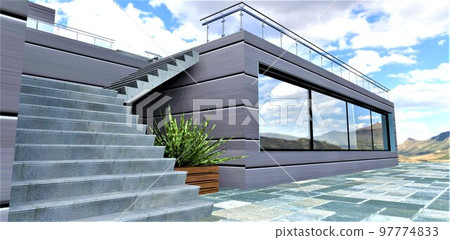 Stairs made of concrete to the second floor to the terrace of a stylish country estate. Paving stones made of black and white large stone slabs. aluminum facade. 3d rendering. 97774833