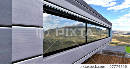 The concept of a panoramic window of a futuristic private house. Six-chamber heat-saving double-glazed window. High reflectivity. Finishing the facade with a metal alloy. 3d rendering. 97774836