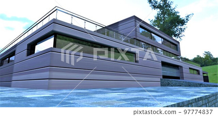 The corner of a high-tech house finished with horizontal aluminum panels filled with heat-saving, environmentally friendly material with a long service life. 3d rendering. 97774837