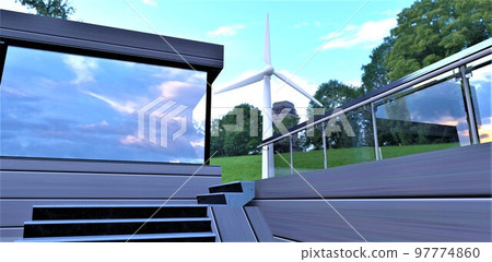 One compact wind generator is able to provide the basic electricity needs of a modern private house, including at night and in winter, which is not available for a solar panel.. 3d rendering. One compact wind generator is able to provide the basic electricity needs of a modern private house, including at night and in winter, which is not available for a solar panel.. 3d rendering. 97774860
