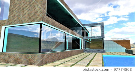 Stylish lighting of window openings of a country house with LED strip in the daytime. Massive concrete pavers next to the pool. 3d rendering. 97774868