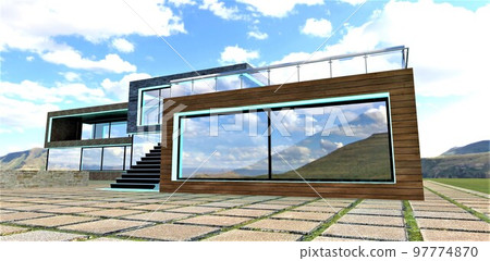 The exterior of a country house looks stylish and rich if the arches of the windows are illuminated with LED strip. Suitable for any facade. 3d rendering. 97774870