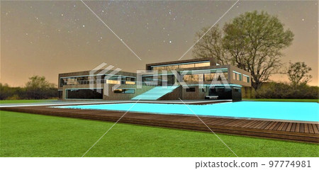 Luxurious high-tech country villa with a swimming pool illuminated by night LED lighting. Green lawn and decking around the perimeter. 3d rendering. 97774981