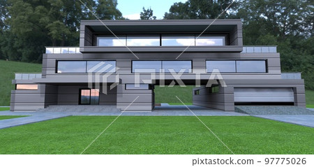 The front of a futuristic eco-friendly house. Facade made of aluminum panels. Porch and garage entrance. Wide empty lawn. Through passage to the back of the yard. 3d render. The front of a futuristic eco-friendly house. Facade made of aluminum panels. Porch and garage entrance. Wide empty lawn. Through passage to the back of the yard. 3d render. 97775026