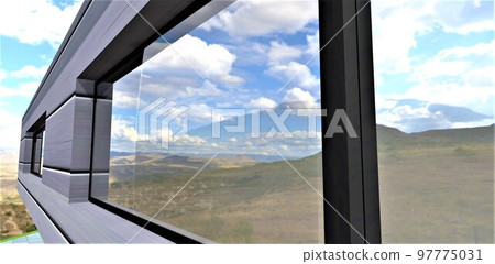 An elegant wall finished with a futuristic energy-efficient material based on a secret composite covered with a special spalv. Panoramic six-chamber energy-saving windows with good visibility. 3d An elegant wall finished with a futuristic energy-efficient material based on a secret composite covered with a special spalv. Panoramic six-chamber energy-saving windows with good visibility. 3d 97775031