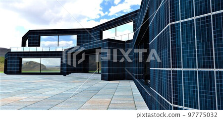 Architectural solution to decorate facade of building with solar panels. The area of photovoltaic surface with powerful batteries makes it possible to abandon industrial power grid. 3d render. Architectural solution to decorate facade of building with solar panels. The area of photovoltaic surface with powerful batteries makes it possible to abandon industrial power grid. 3d render. 97775032