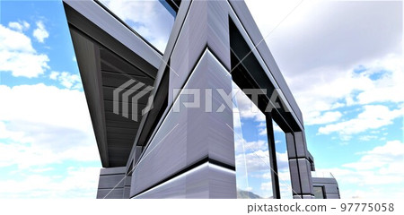 Abstract architecture. A look from below at a futuristic custom-shaped house. Large panoramic energy-saving windows. Innovative composite wall cladding material. 3d render. Abstract architecture. A look from below at a futuristic custom-shaped house. Large panoramic energy-saving windows. Innovative composite wall cladding material. 3d render. 97775058