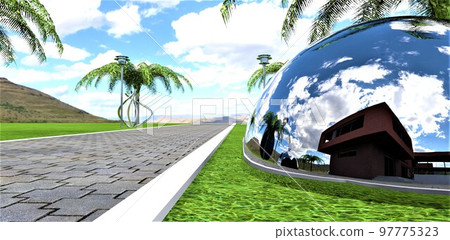 The road to nowhere is paved with concrete curly blocks. White border around the edges. A giant steel ball with a reflection of a country house with brick walls. 3d rendering. 97775323